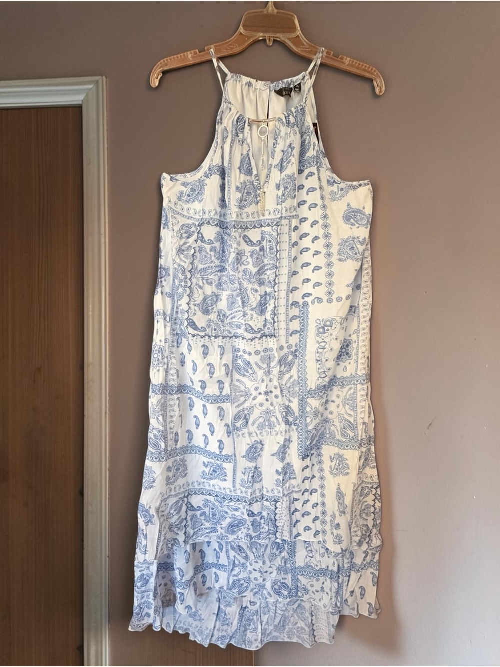 Mlle Gabrielle White and Light Blue Paisley Halter Midi Dress